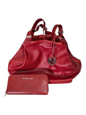 Michael Kors Leather Hobo Bag – Red Slouchy Shoulder Bag w/ Matching Wallet